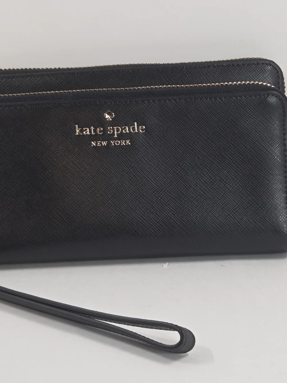 kate spade New York Black Saffiano Wristlet with Gold Logo